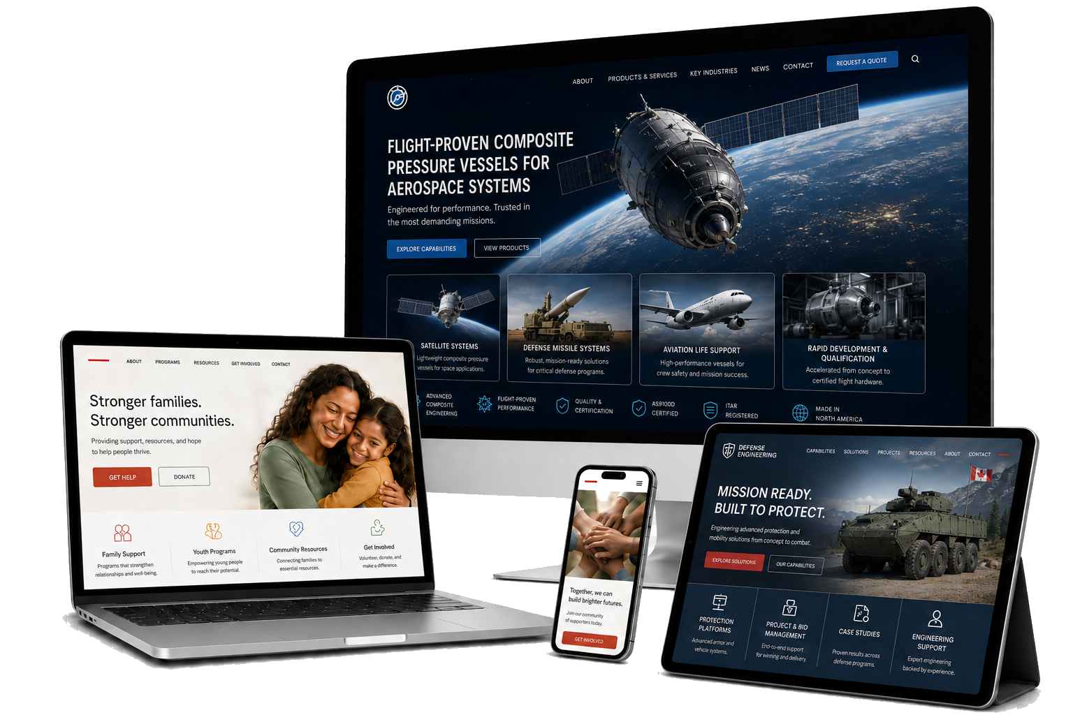 Premium responsive website designs for aerospace, nonprofit, defense and professional organizations shown across desktop, laptop, tablet and mobile devices